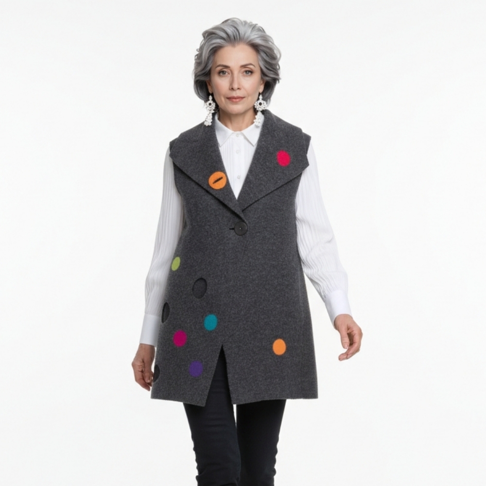 Marylou Ozbolt Storer Vintage Art To Wear Gray Vest Colorful Polka Dots M